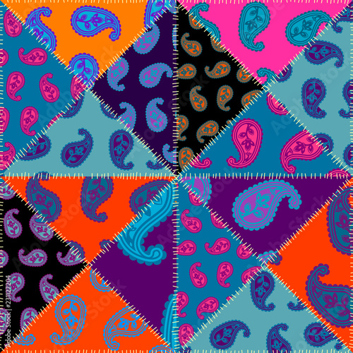 Seamless background pattern. Patchwork pattern with Paisley ornament patterns. Bright magenta and orange colors. Ethnic indian style.