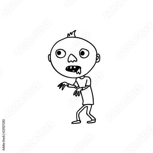 Character walking like zombie. Black and white doodle. Rickets.