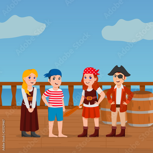 Pirates Kids on Deck of a Ship With Sea Background Cute Vector Cartoon Illustration