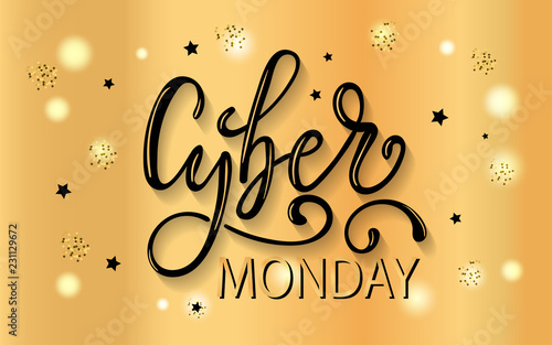 Cyber Monday sale gold glitter background. Christmas and new year shopping. Black shine gold sparkles background. Super friday sale logo for banner, web, header and flyer, design