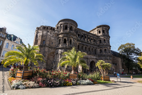 Trier, Germany. The Porta Nigra (Latin for black gate), a large Roman city gate of the ancient city of Augusta Treverorum. A World Heritage Site since 1986