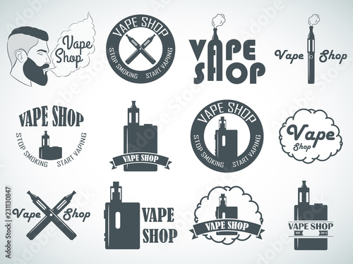 Set of vape, e-cigarette logo, emblems and badges isolated on white background. Vector illustration
