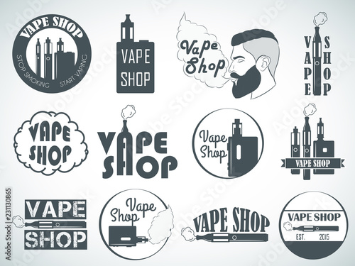 Set of vape, e-cigarette logo, emblems and badges isolated on white background. Vector illustration