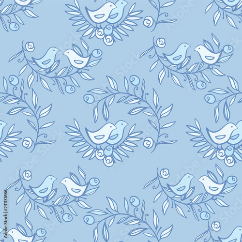 Vintage Floral Seamless Background with Birds
