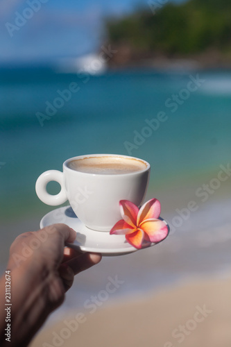 Hand holding cup of coffee over the tropic ocean
