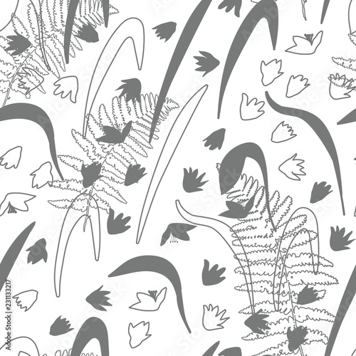 Vector floral seamless pattern with hand drawn scilla or snowdrop flowers and fern leaves. Modern decorative background in pastel colors.