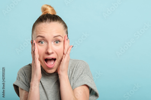 surprised shocked astonished amazed woman with open mouth. unbelievable news. emotional facial expression.