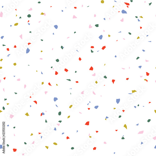 Terrazzo flooring textured surface modern abstract pattern. Vector seamless abstract repeat with chips of marble or granite in soft pastel  colors.