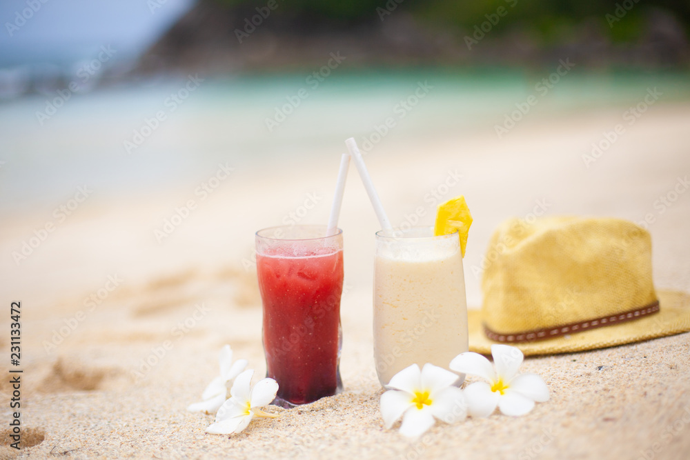 Two coctails on the tropical beach on Seychelles.