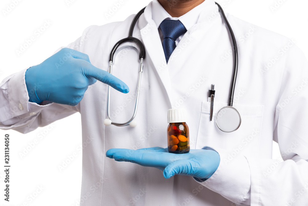 Medic pointing at pill bottle. Medic pointing at pill bottle.