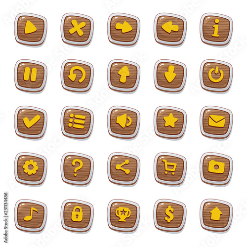 Set of 25 wooden icons in frames isolated on white background for game user interface. Mobile app vector elements template in cartoon style.