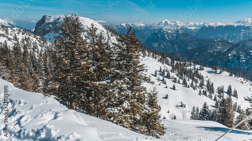 Beautiful alpine winter view on the Rauschberg-Ruhpolding-Bavaria-Germany in orange-teal style