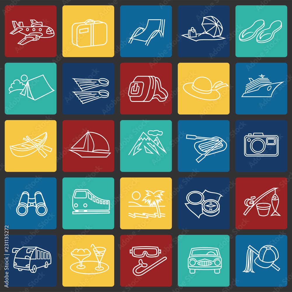 Summer vacation thin line set on color squares background icons