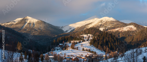 Sunrise morning winter mountain ridge photo