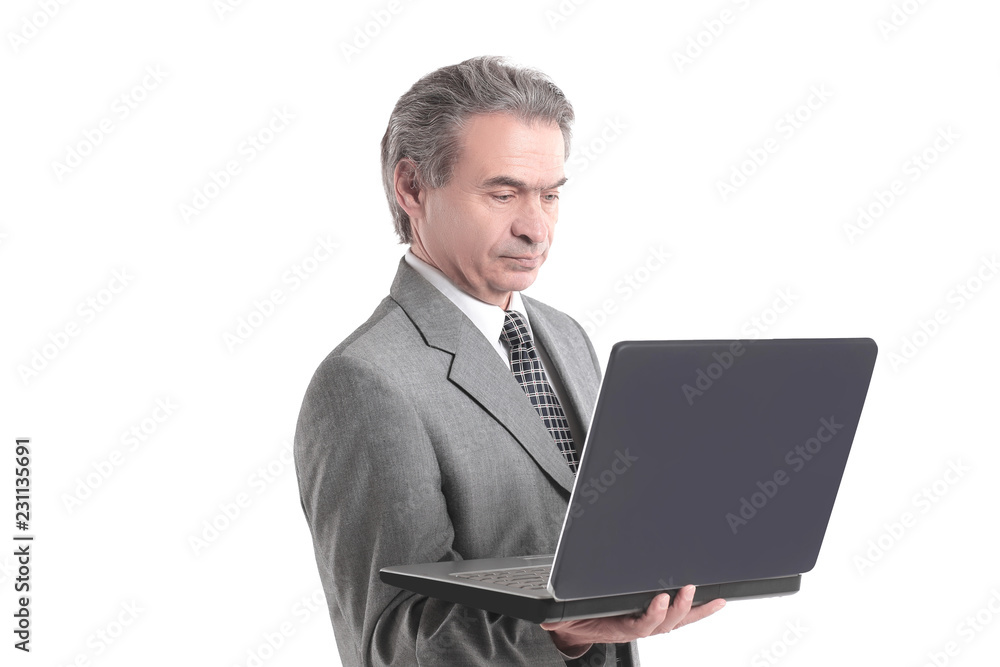 close up.adult businessman looking at laptop screen.isolated on white background close up.adult businessman looking at laptop screen.isolated on white background