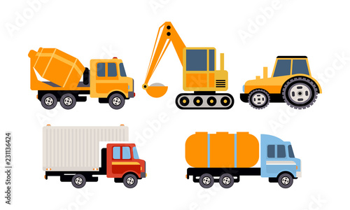 Cargo, construction and specialized machinery for transportation, concrete mixer truck, excavator, tractor, tank, refrigerator truck vector Illustration on a white background