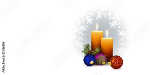 Panorama Vector with Two Candles and Snowflakes on White Background.