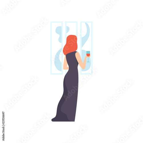 Woman in black dress looking at the painting hanging on the wall, female exhibition visitor viewing museum exhibit at art gallery, back view vector Illustration on a white background