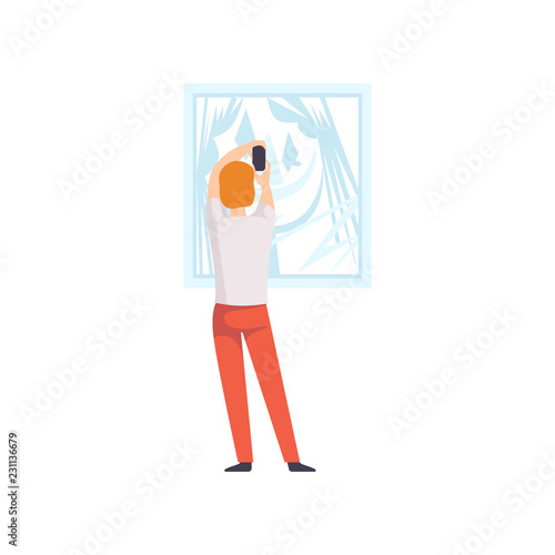 Man photographing a picture hanging on the wall, male exhibition visitor viewing museum exhibit at art gallery, back view vector Illustration on a white background