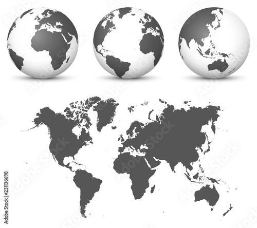 Gray 3D Globe - Earth Vector Set with Undistorted 2D World Map in Gray Color.