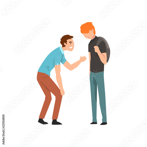 Teen boy mocking his classmate, conflict between children, mockery and bullying at school vector Illustration on a white background
