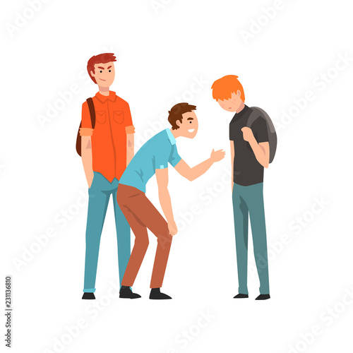 Two teen students mocking another at school, conflict between teenagers, mockery and bullying at school vector Illustration on a white background