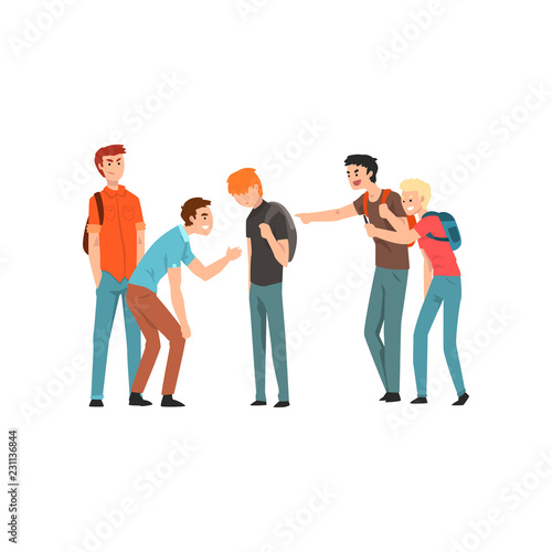 Teen students laughing and pointing at boy, conflict between teenagers, mockery and bullying at school vector Illustration on a white background