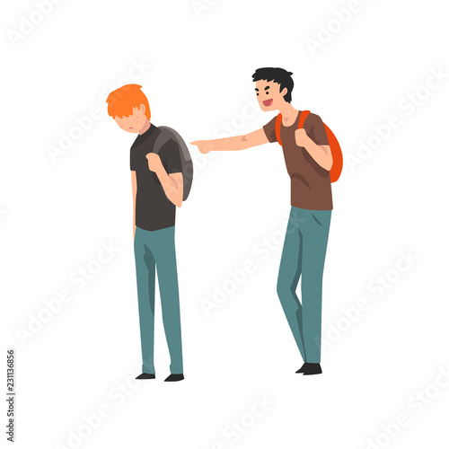 Teen male student laughing and pointing at boy, conflict between children, mockery and bullying  at school vector Illustration on a white background