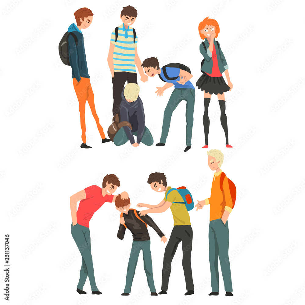 Obraz premium Conflict between teenagers, mockery and bullying at school vector Illustration on a white background