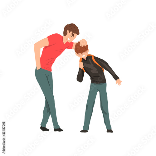 Older boy mocking younger, conflict between children, mockery and bullying at school vector Illustration on a white background