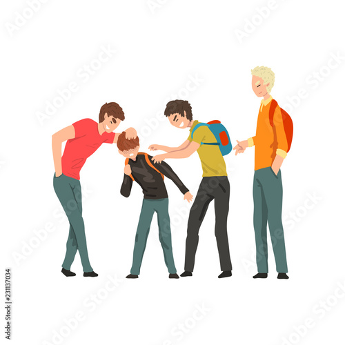 Group of young people mocking a boy, conflict between children, mockery and bullying  at school vector Illustration on a white background