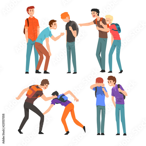 Conflict between teenagers, boys mocking his classmate, mockery and bullying at school vector Illustration on a white background