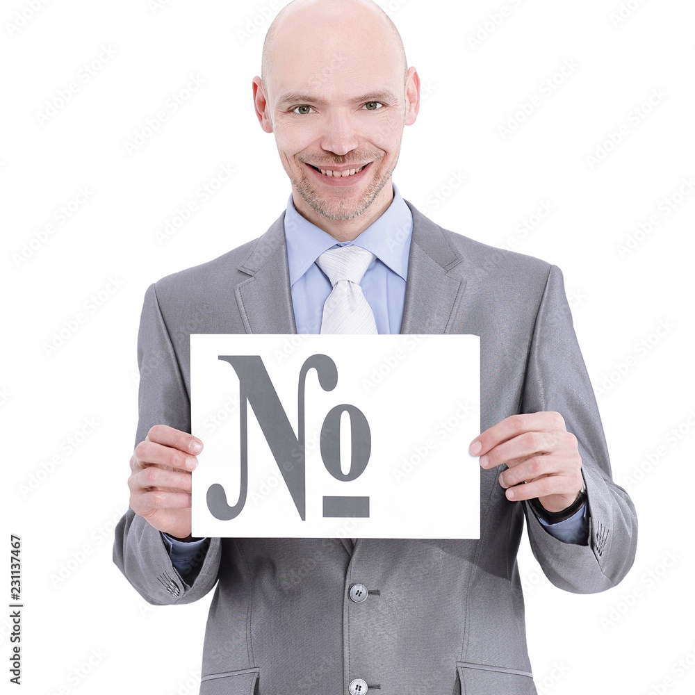 confident businessman holding a banner with the sign of the num confident businessman holding a banner with the sign of the num