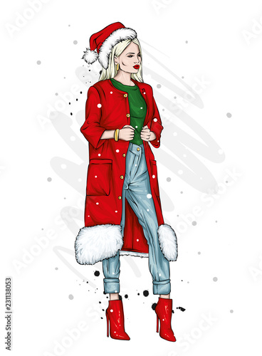 Beautiful, tall and slender girl in a stylish coat, trousers, and glasses. Stylish woman in high-heeled shoes. Fashion & Style. Vector illustration.