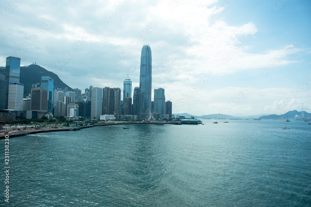 View landscape and cityscape of Hong Kong and Kowloon island at Victoria Harbour
