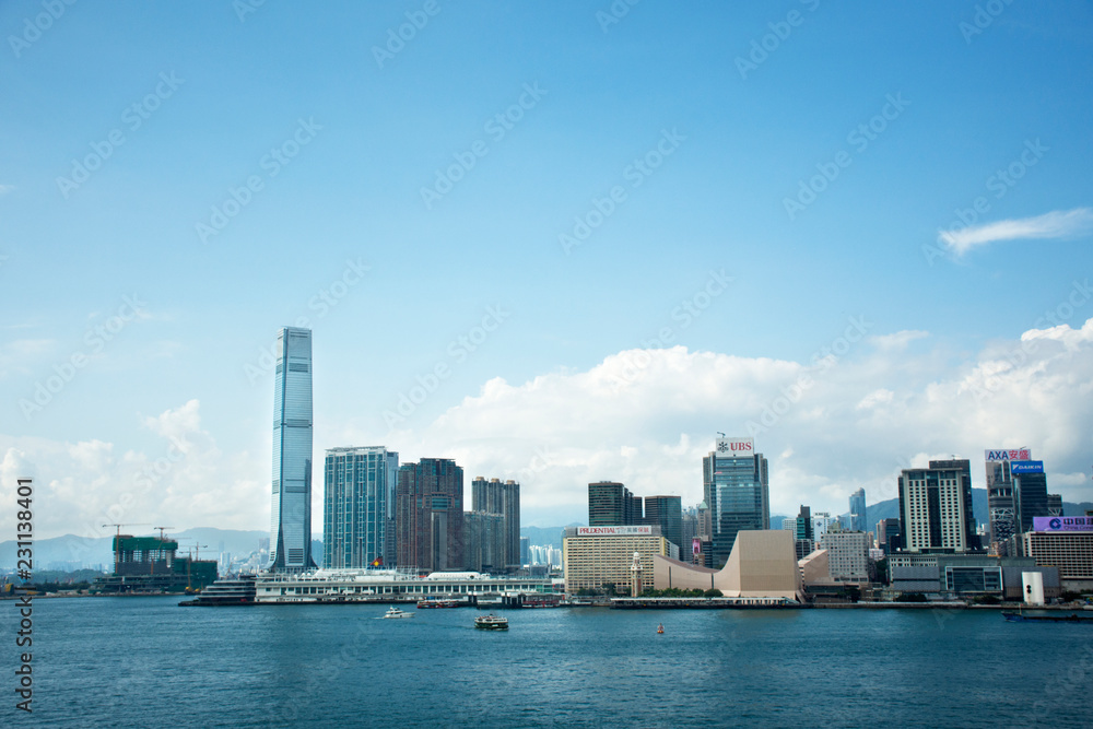 View landscape and cityscape of Hong Kong and Kowloon island at Victoria Harbour