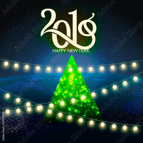 happy New year, abstract vector illustration of Christmas card with calligraphic inscription 2019 and congratulations with happy New year background of fireworks