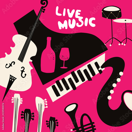 Live music and wine flat background vector illustration. Party flyer, music club, wine tasting event, wine festival, celebrations poster for brochure, card, promotion banner with music instruments