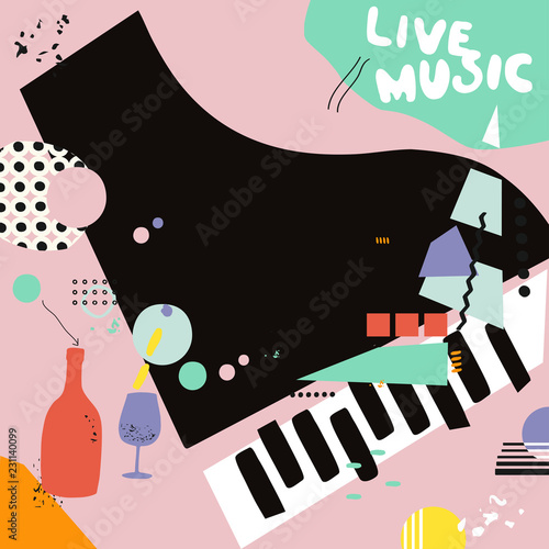 Live music and wine background flat vector illustration. Party flyer, music club, wine tasting event, wine festival and celebrations poster for brochure, invitation card, promotion banner, menu