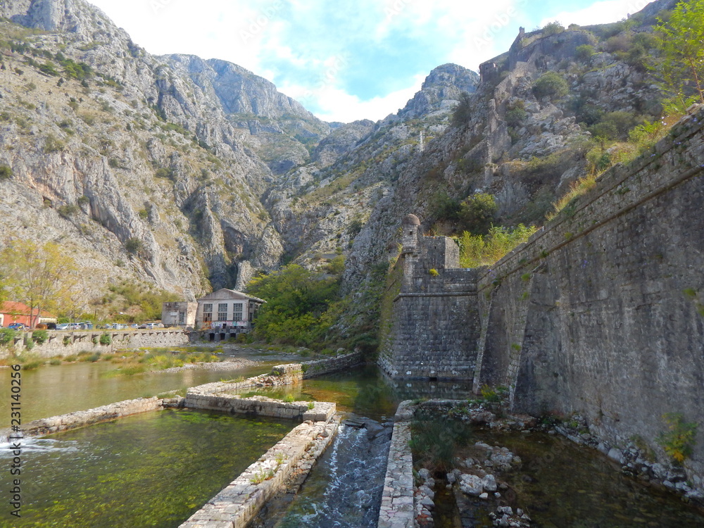 A view to the old town wall from River gates in Kotor, Montenegro