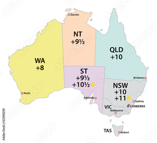 Australia uses three main time zones vector map