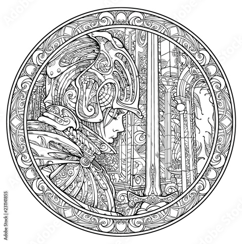 Woman knight with a sword, praying in the temple