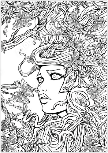 Beautiful nymph entangled in the roots of trees