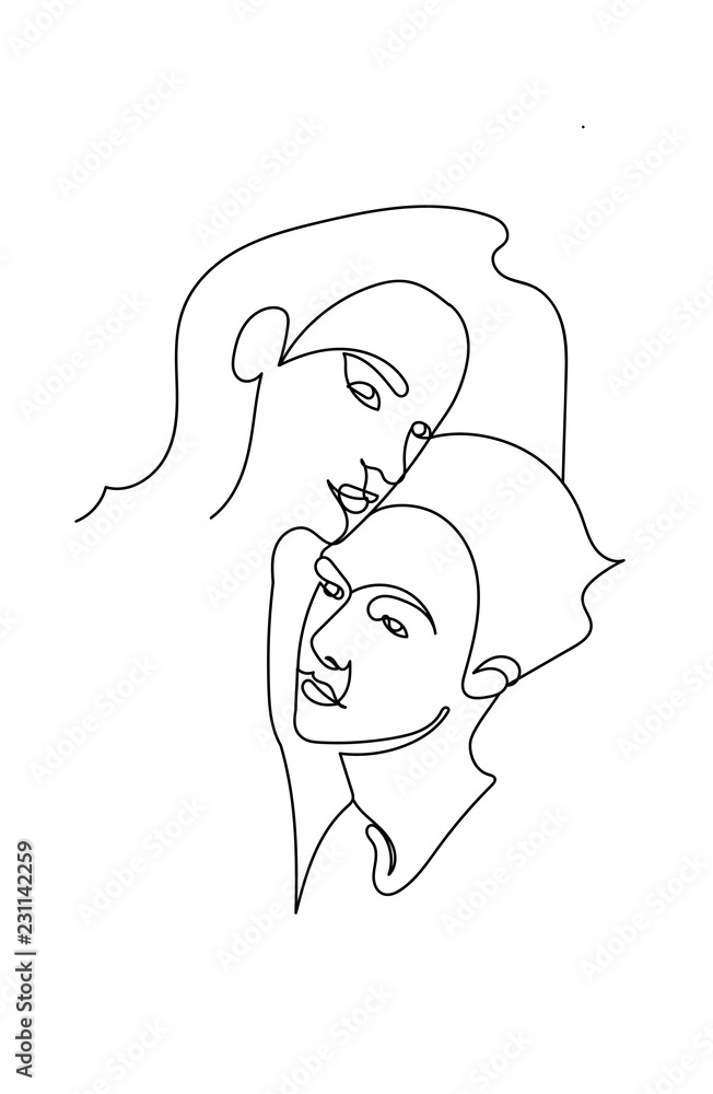 Vector of a couple made with continuous line hugging and expressing their love with affection. A woman and a man. Vector of a couple made with continuous line hugging and expressing their love with affection. A woman and a man.