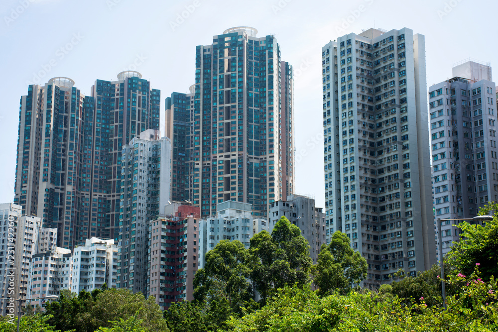 View landscape and cityscape with high building of Kennedy Town in Hong Kong, China