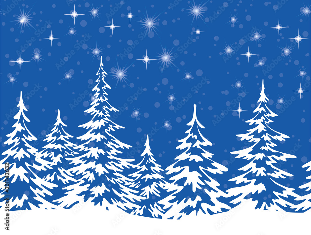 Christmas Holiday Seamless Horizontal Background, Winter Landscape, Fir Trees with Snow, White Silhouettes against the Blue Night Sky with Stars. Vector