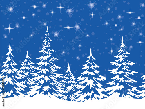 Christmas Holiday Seamless Horizontal Background, Winter Landscape, Fir Trees with Snow, White Silhouettes against the Blue Night Sky with Stars. Vector