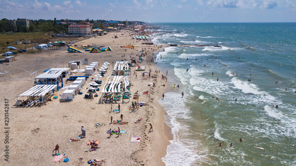 Chernomosk, Ukraine - June 30, 2018: Aerial view from the air on the luxury bungalow on the beach Chernomosk, Ukraine - June 30, 2018: Aerial view from the air on the luxury bungalow on the beach