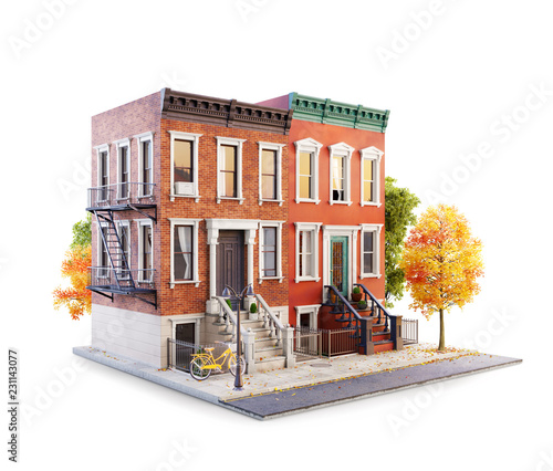 Canvastavla Unusual 3d illustration of Brownstone buildings