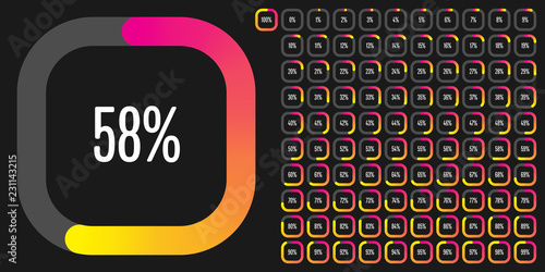 Set of rectangle percentage diagrams (meters) from 0 to 100 ready-to-use for web design, user interface (UI) or infographic - indicator with gradient from magenta (hot pink) to yellow